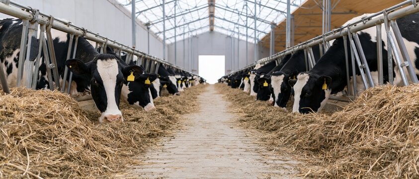 Holstein cows feeding on hay in rows inside a modern dairy barn