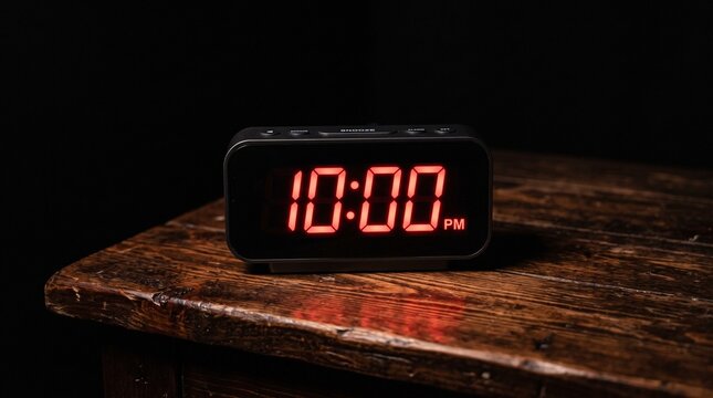 digital alarm clock displaying 10 00 PM on a dark wooden surface against a black background