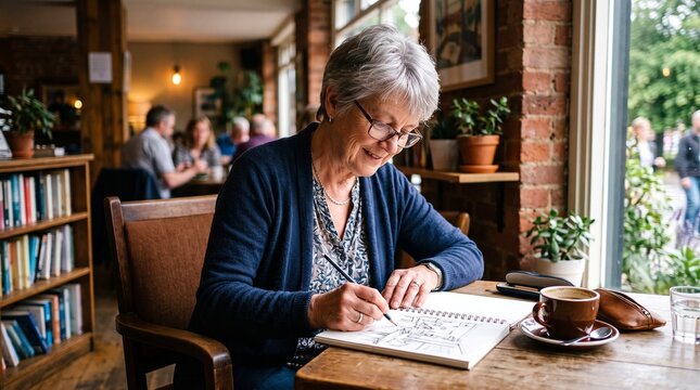 Senior woman sketching in sketchbook at cozy cafe, elderly lady drawing with pen in coffee shop, creative retirement lifestyle and artistic hobby