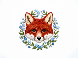 Fototapeta premium Red fox head with blue flowers wreath