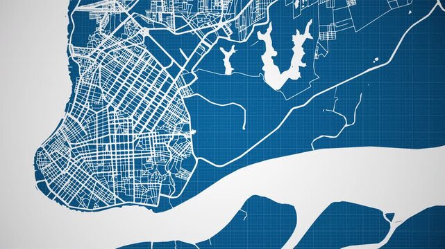 Ink reveal animation of Bel&eacute;m city, Par&aacute;, Brasil (Brazil) grid map. Aerial top view. Blueprint style. White lines with blue background. 4K Seamless loop.
