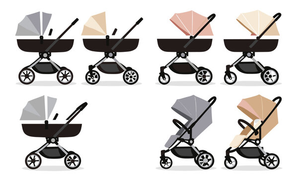 Collection of modern baby strollers and prams shown from various angles with different designs for parenting illustration.