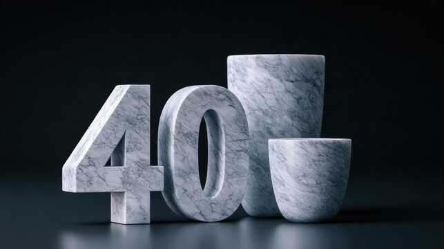 Number 40 is crafted from white marble and displayed alongside two marble containers in a studio with cool lighting.