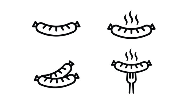 Sausage outline icon set featuring multiple grilled meat links with steam and fork illustrations isolated on clean white background surface