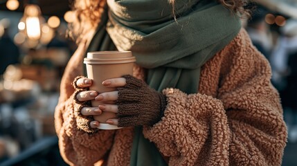 Obraz premium Woman in teddy fleece jacket holding warm cup at winter market Generative AI