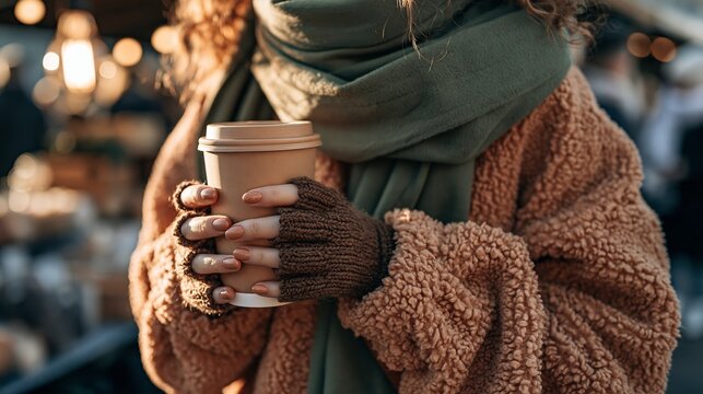 Woman in teddy fleece jacket holding warm cup at winter market Generative AI