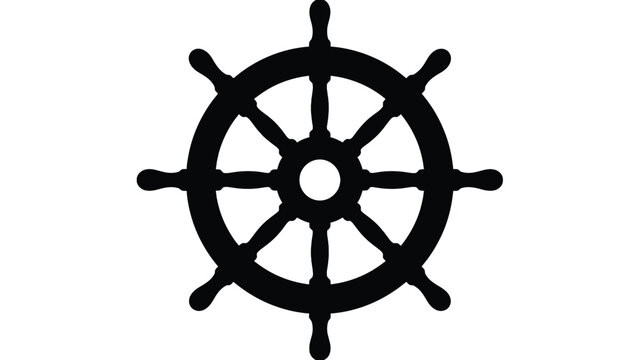 Vintage wooden ship wheel silhouette isolated on a solid white background featuring classic nautical design elements for maritime graphic projects