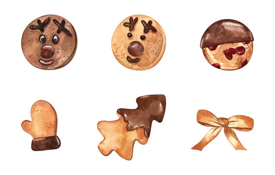 Watercolor Christmas cookies collection isolated on transparent. Cute festive treats clip art for sticker packs, scrapbooking, articles, and other design projects