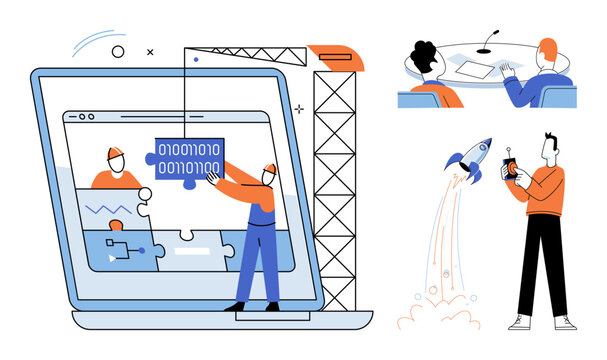 Developers building software and launching a startup vector illustration. Coding, teamwork, innovation, project management, digital transformation, business growth. Programmers working on code