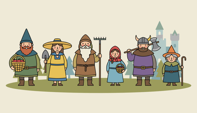 Group of medieval fantasy characters including gnomes, a peasant girl, a viking, and a witch standing in front of a castle.