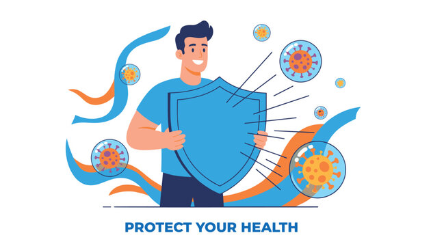 Smiling young man holding a blue defensive shield to protect himself from airborne viruses and bacteria for a strong immune system.