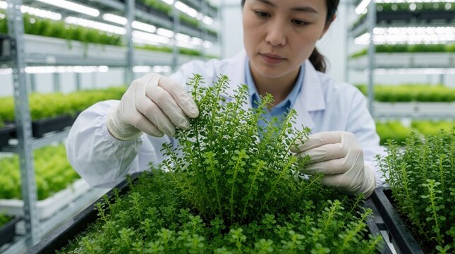 Scientist in lab coat examines green microalgae plants grown indoors under bright lights. Researcher studies biomass for food or fuel production in a controlled environment farm.