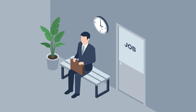 Isometric vector illustration of a candidate in a business suit waiting patiently on a bench for a job interview outside an office door.