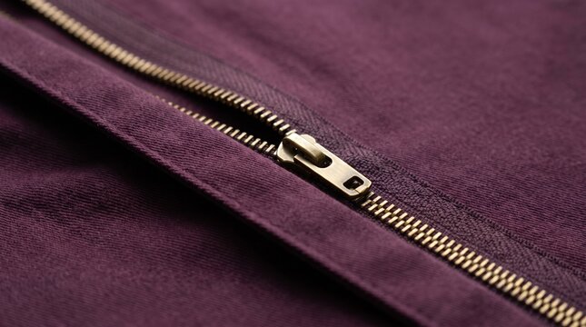 Fashion design: Brushed brass zipper on plum twill highlights refined garment craftsmanship