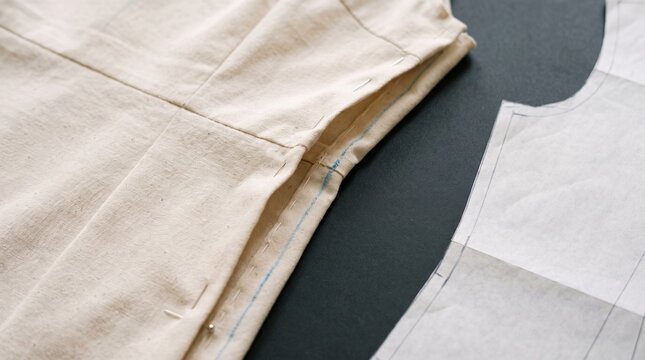Fashion design: Pinned calico dress prototype beside paper sewing pattern