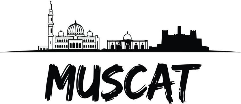 Muscat skyline outline vector illustration with historical mosques and traditional architecture landmarks of Oman