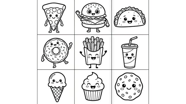 Kawaii Fast Food Icons Set for Children Coloring Book