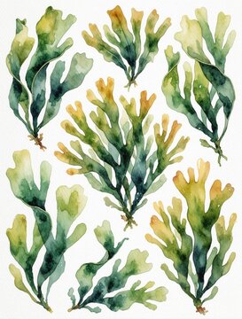 Watercolor illustrations depict various types of laminaria seaweed. These hand-drawn botanicals feature green and yellow hues, perfect for marine or eco designs.