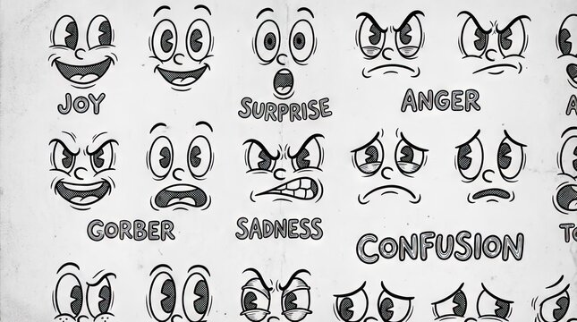 Vintage cartoon facial expressions with emotional labels.