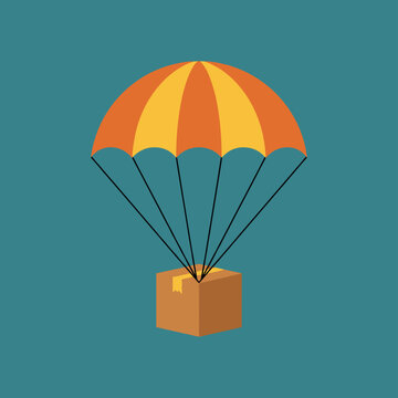 Cardboard delivery box descending safely under a striped orange and yellow parachute on a solid blue background.