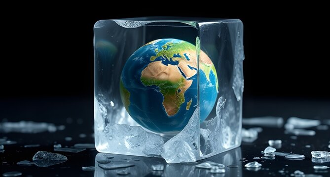 Planet earth frozen within a melting ice cube on dark background, climate change concept, global warming, eco crisis