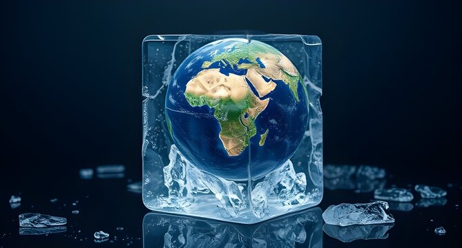 Planet earth frozen within a melting ice cube on dark background, climate change concept, global warming, eco crisis