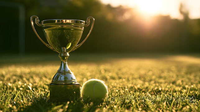 Shiny silver trophy cup and tennis ball on green grass with sunrise
