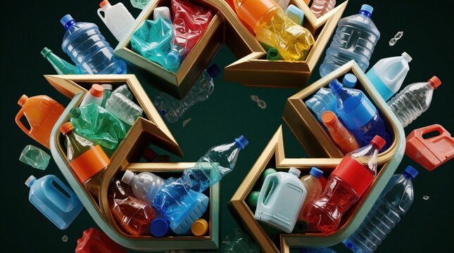 Recycling symbol formed by various plastic bottles and containers. Includes crushed and intact plastic waste for environmental and eco themes. Circular economy concept.