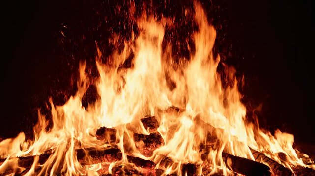 Intense campfire flames dance with glowing embers in the darkness during a calm evening