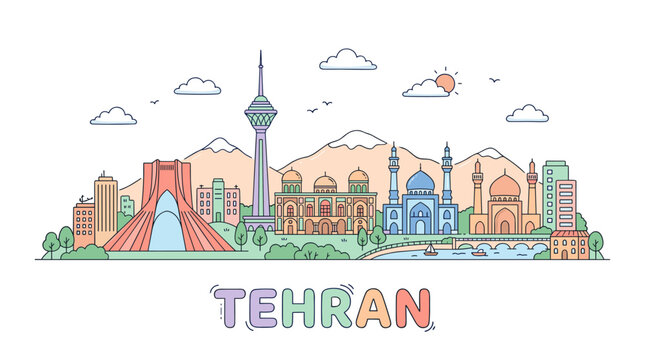 Colorful Line Art Illustration of Tehran's Skyline Featuring Iconic Landmarks and Cityscape Elements