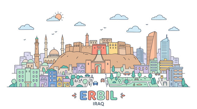 Colorful Illustration of Erbil City in Iraq Showcasing Traditional and Modern Architectural Elements with a Prominent Hilltop