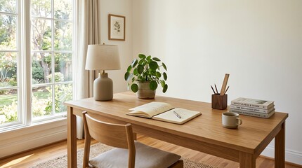 Obraz premium Cozy Home Office Desk with Lamp, Plant, and Window View