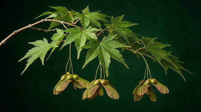 Maple tree branch with green leaves and seed samaras
