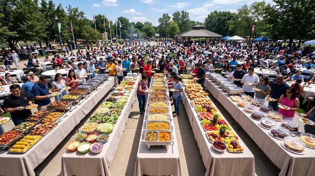 Large outdoor community buffet gathering with people serving food at park.