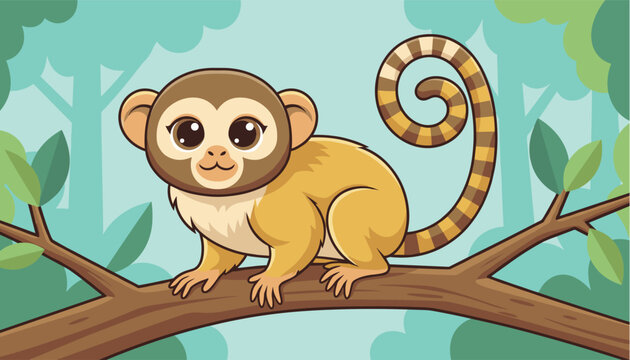 Cute cartoon squirrel monkey sitting on a tree branch in a lush green jungle with big eyes and a long curly striped tail.