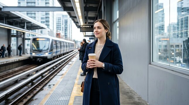 Woman waiting for train with coffee, urban commute, modern city transit station