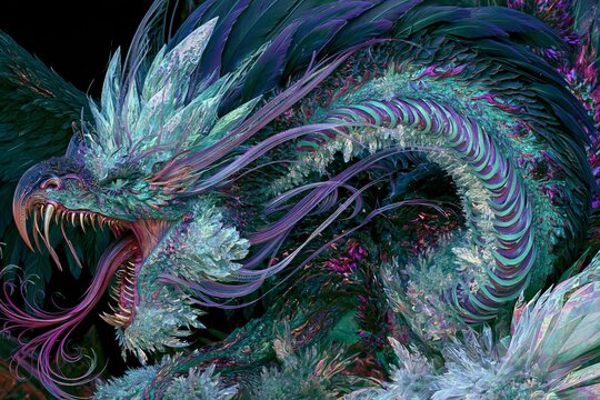 Majestic mythical creature emanating power and beauty amidst vibrant colors and intricate designs