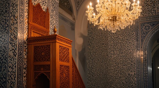A serene close-up of a mosque interior featuring a beautifully carved wooden minbar, intricate geometric tilework on the walls, a large chandelier casting warm light, the atmosphere peaceful and spiri