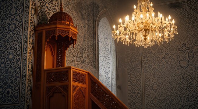A serene close-up of a mosque interior featuring a beautifully carved wooden minbar, intricate geometric tilework on the walls, a large chandelier casting warm light, the atmosphere peaceful and spiri