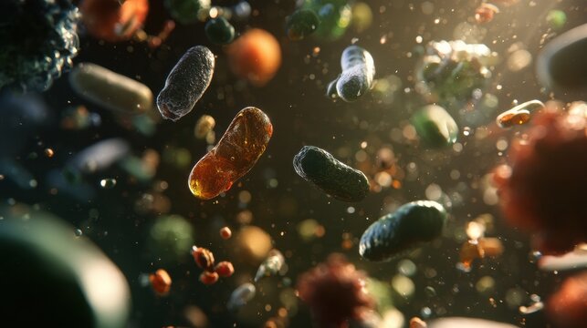 Various microbes in a dark environment, focusing on early life microbiome diversity and how microbial exposure affects allergies.