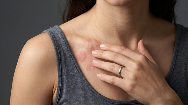 Suffering Healthcare and Medicine Close Up of Woman with Red Skin Rash on Collarbone and Shoulder, Shingles Dermatitis, Eczema Allergy Inflammation Symptom