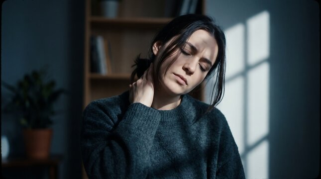 Suffering Healthcare and Medicine Concept of Young Woman Holding Sore Neck with Severe Stiffness, Muscle Tension, and Cervical Spine Pain in Dimly Lit Room at Home