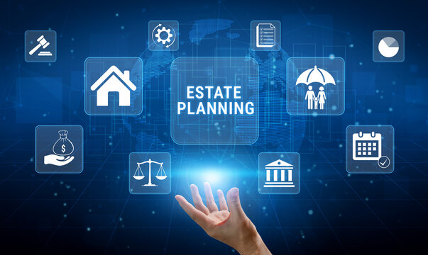 Digital Hand Reaching for Icons Representing Estate Planning Concepts, Finance, Law, Protection, and Future Preparedness in a Futuristic Setting. Glyphic.