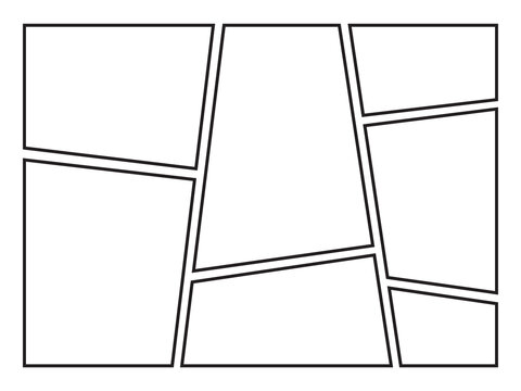 This illustration shows a template or layout of blank comic panels with black outlines against a white background.