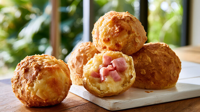 Golden-brown oat chipa bread balls with cheese and chopped ham in it. The bread rolls are placed on a wooden white table with natural light streaming through large windows in the background