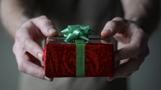 Close-up of hands offering red gift box with green ribbon toward the camera, presenting a Christmas gift