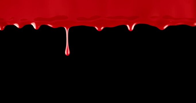 Vivid red blood flowing down over black and green screen. Blood red drops dripping down. Scary bleeding overlay showing frightening violence, an injury, terror, or a spooky Halloween background.