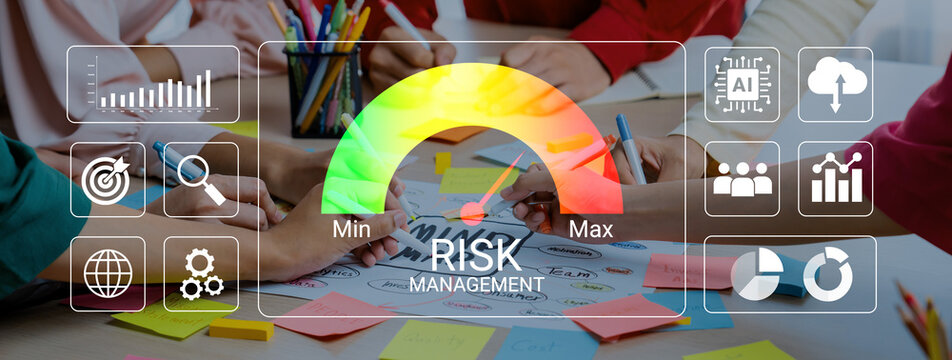 Engaged teamwork around a vibrant workspace showcasing risk management tools and metrics for effective project planning and strategy development in a collaborative environment. Cyphers