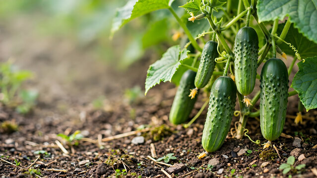 Fresh green cucumbers hanging over fertile soil for organic farming industry marketing campaigns