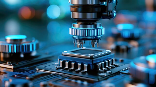 High-resolution macro shot of a modern microchip being inspected by advanced robotic arms in a high-tech laboratory setting, showcasing intricate details and precision